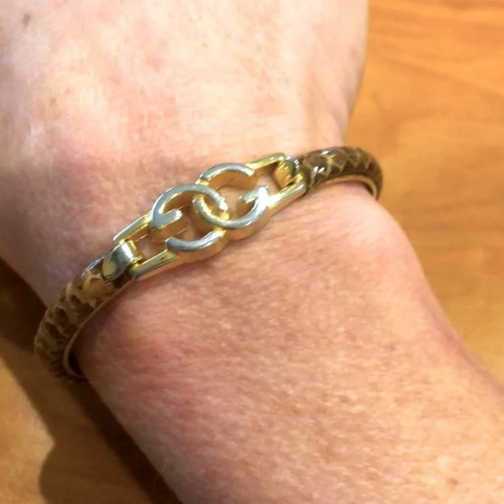 Vintage Gucci Gold GG Brown Snakeskin Bracelet - Picture 1 of 6